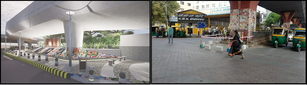 Left: Photograph of a well-designed area under a flyover; right: same area before redesigning