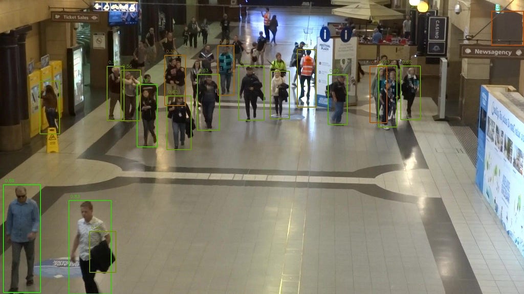 Une photographie de plusieurs personnes dans un hall de gare. Certaines personnes sont entourées d’un cadre, d’autre non. Le modèle n’a pas détecté toutes les personnes.