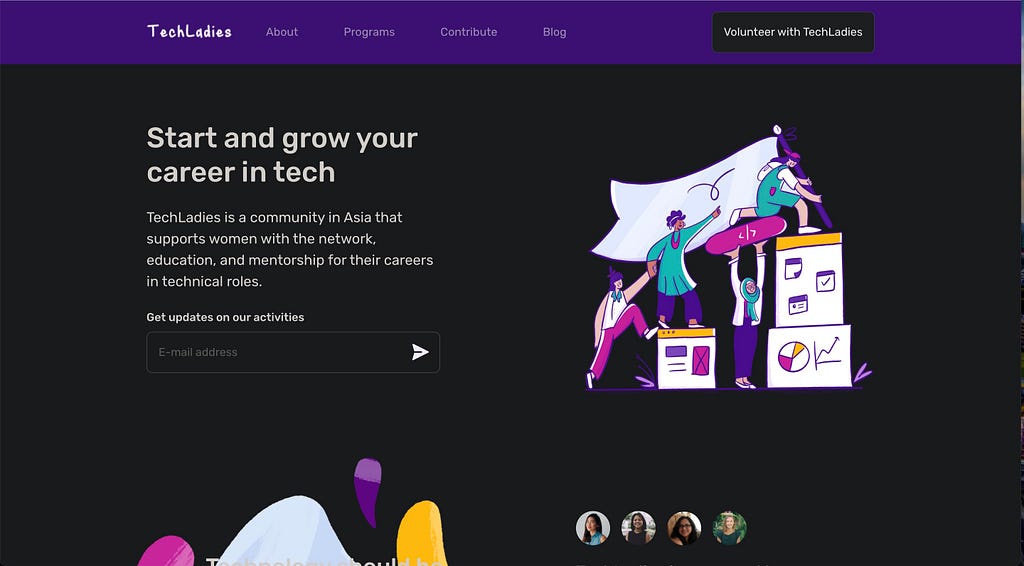 The home page of the TechLadies website.