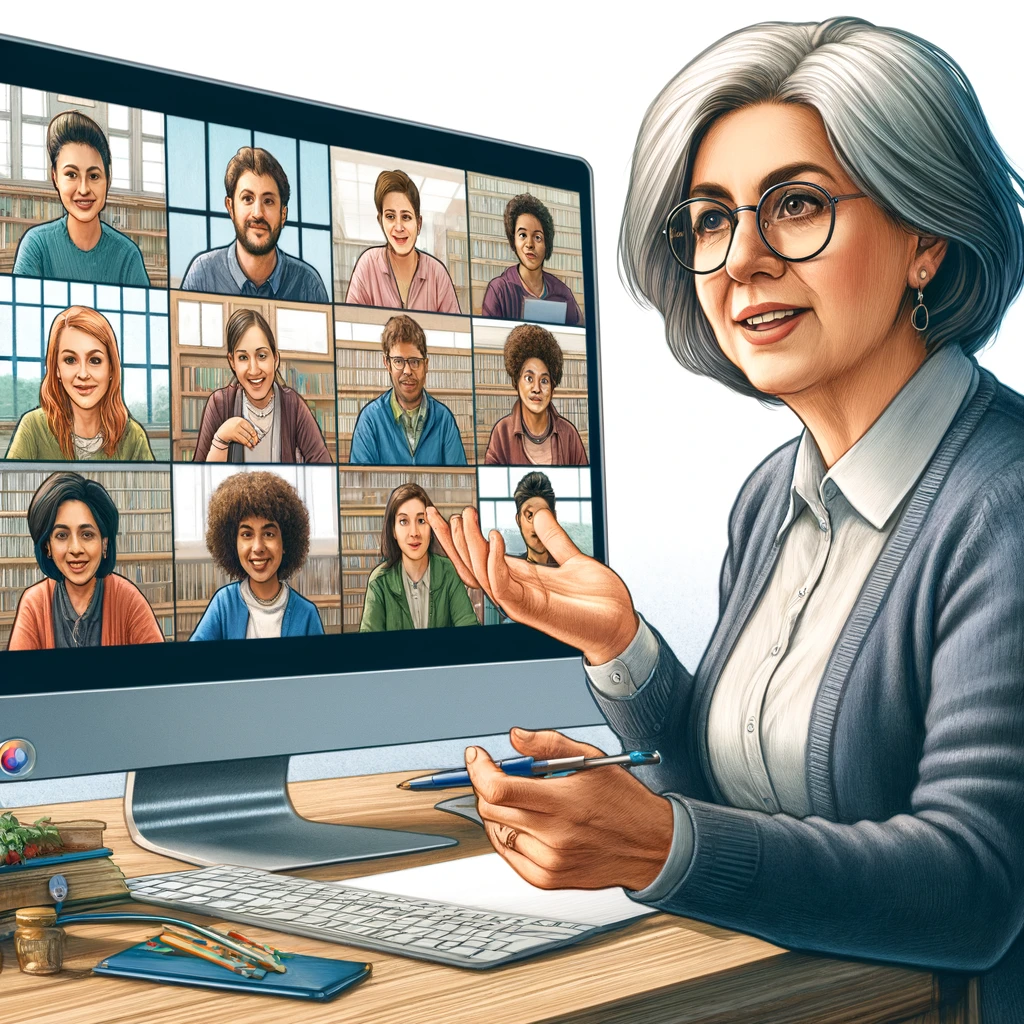 Decorative image of a female professor in front of a large monitor. She is actively engaging with her students. (DALL-E, 2024–04–19)