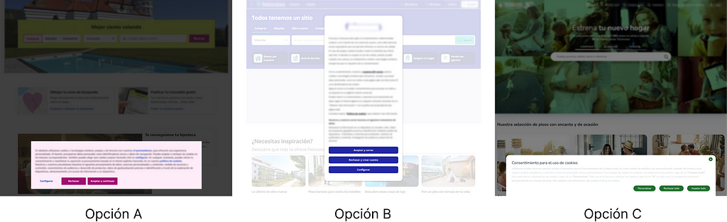 Vista general de las tres plataformas web de búsqueda de casa, donde se aprecia, en cada una de ellas, el modal para de política de cookies, representadas por “Opción A”, “Opción B” y “Opción C”