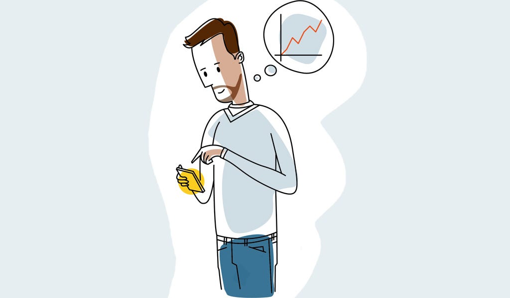 Illustration of bearded man using calculator with a graph in the background and an upward trajectory