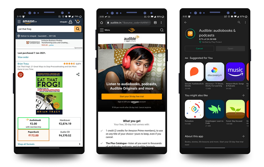 Mobile screenshots of amazon, audible and google playstore apps