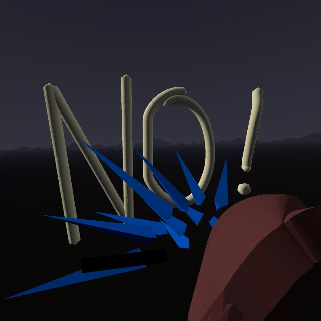 The word “NO!” is written in large floating letters. A small red bundle sits in front of the word, with several blue spikes between the bundle and the letters, pointed away from the bundle.