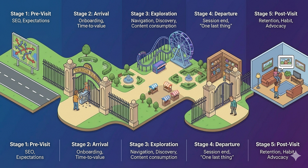 This image provides a visual framework for evaluation, replacing a standard funnel with a winding park path. It is divided into five distinct themed zones, from “Pre-Visit” to “Post-Visit,” detailing the visitor’s journey through the park.