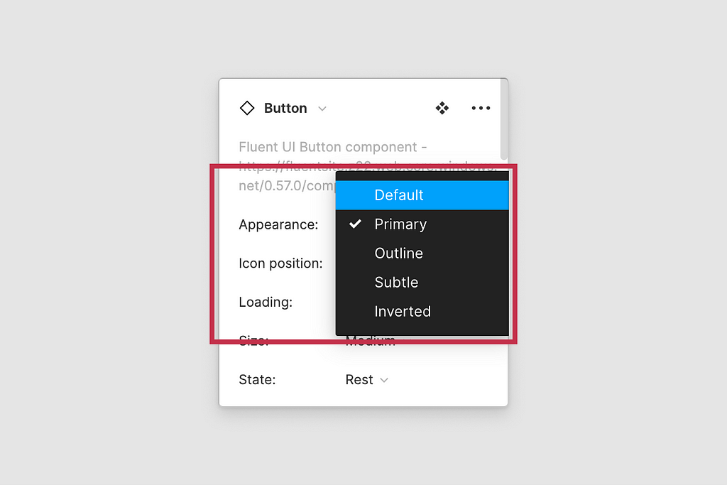 Button controls inside Figma UI variants panel highlighting the “Appearance” prop