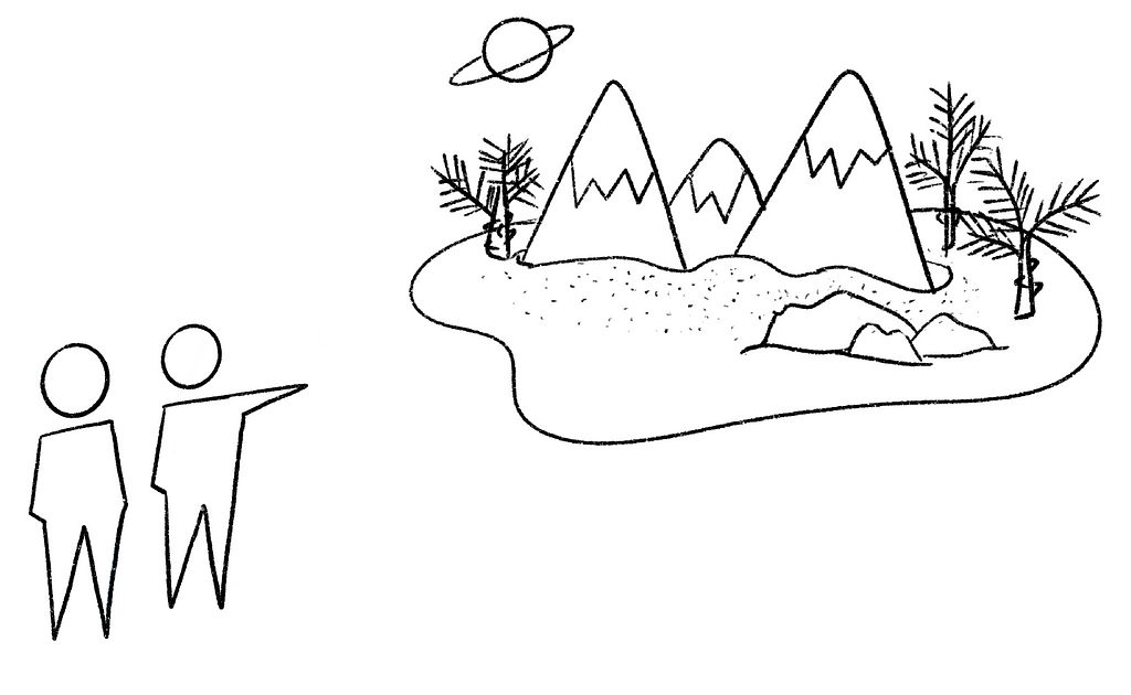 This is a drawing of two people looking at an island with mountains, beaches, palm trees, and a ringed planet in the sky.