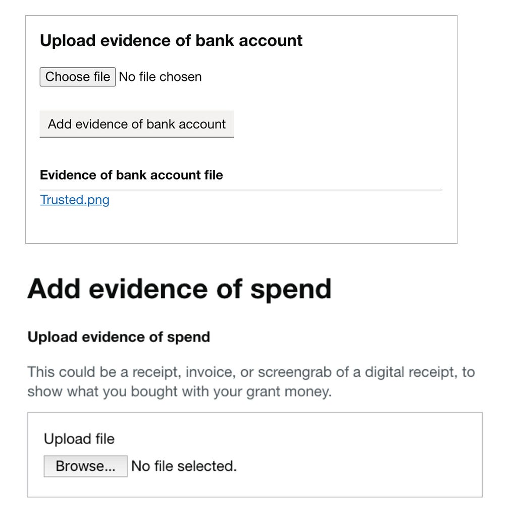 two file uploads that are different from each other. one has a choose file button and an add evidence of bank account button. the other only has a browse file button.