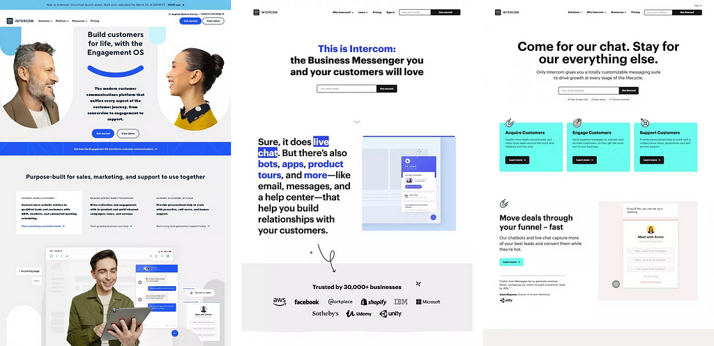 Intercom landing page versions on Land-book.com