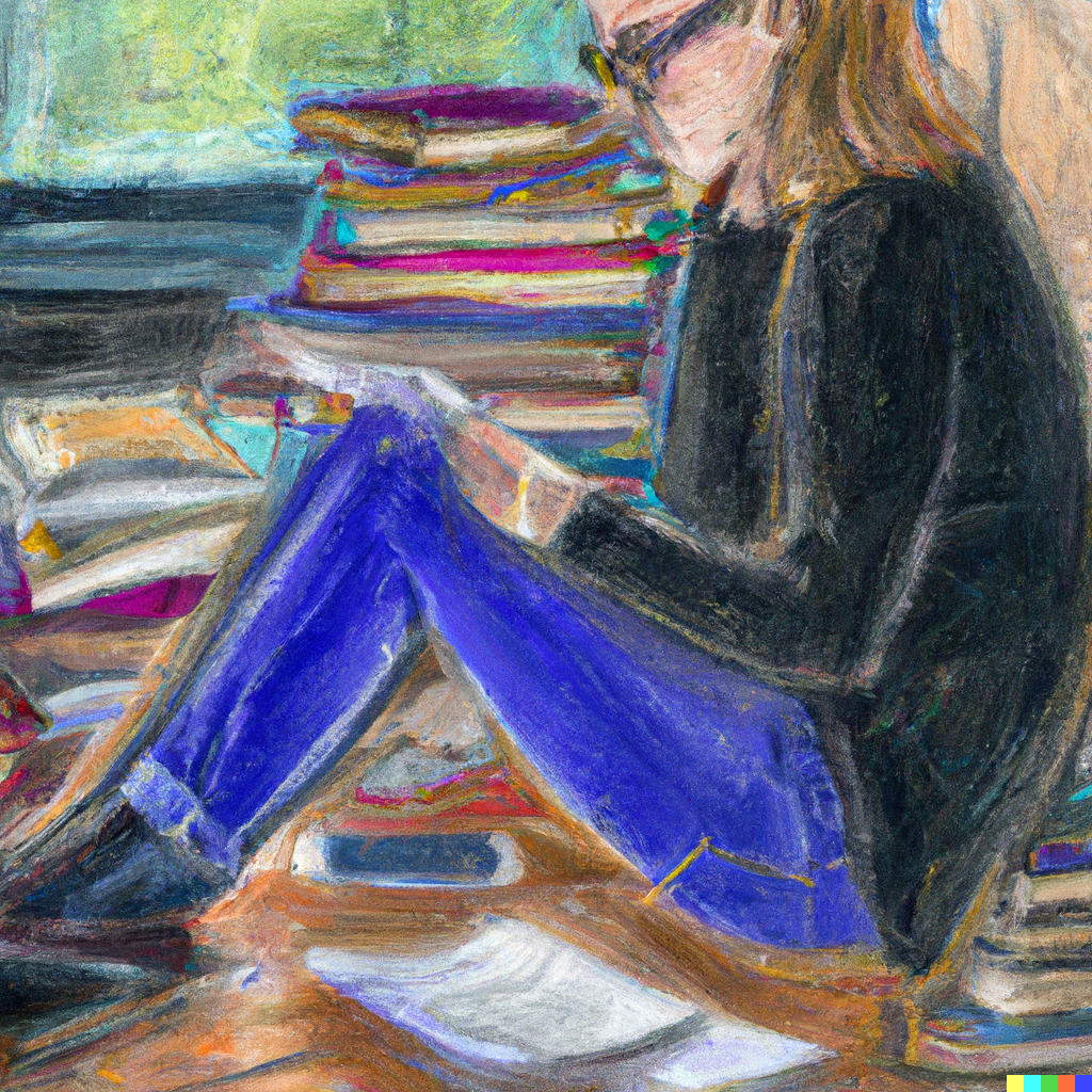 AI generated oil pastel drawing of a female venture capitalist in a black t-shirt and blue jeans. She’s sitting and reading a book, surrounded by piles of brightly coloured books and magazines.