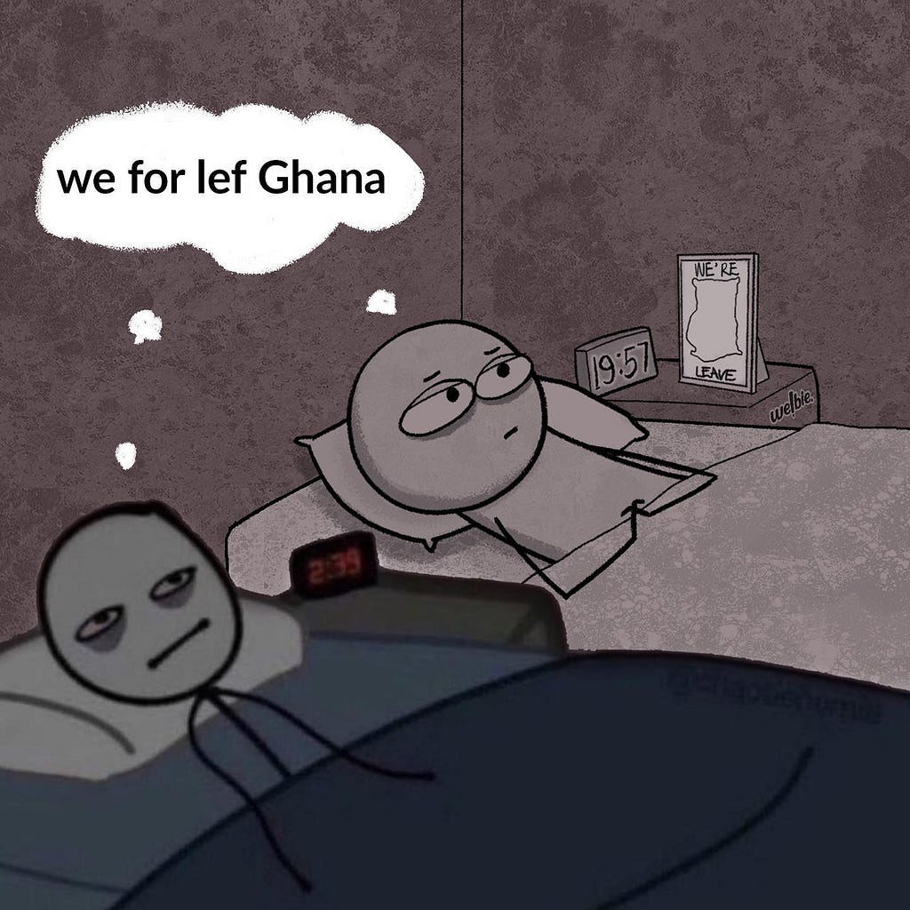 Illustration of two guys lying in bed at night thinking of how they have to escape their country Ghana