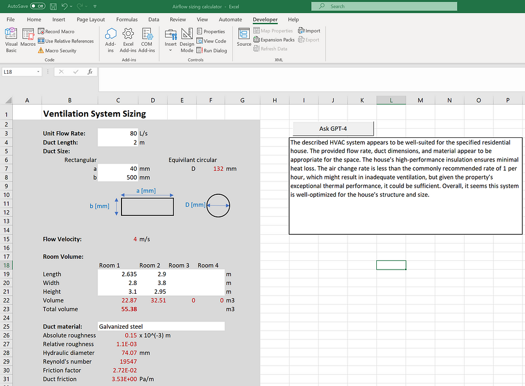 An MS Excel interface with the calculator on the left and the model’s response shown in the box on the right.