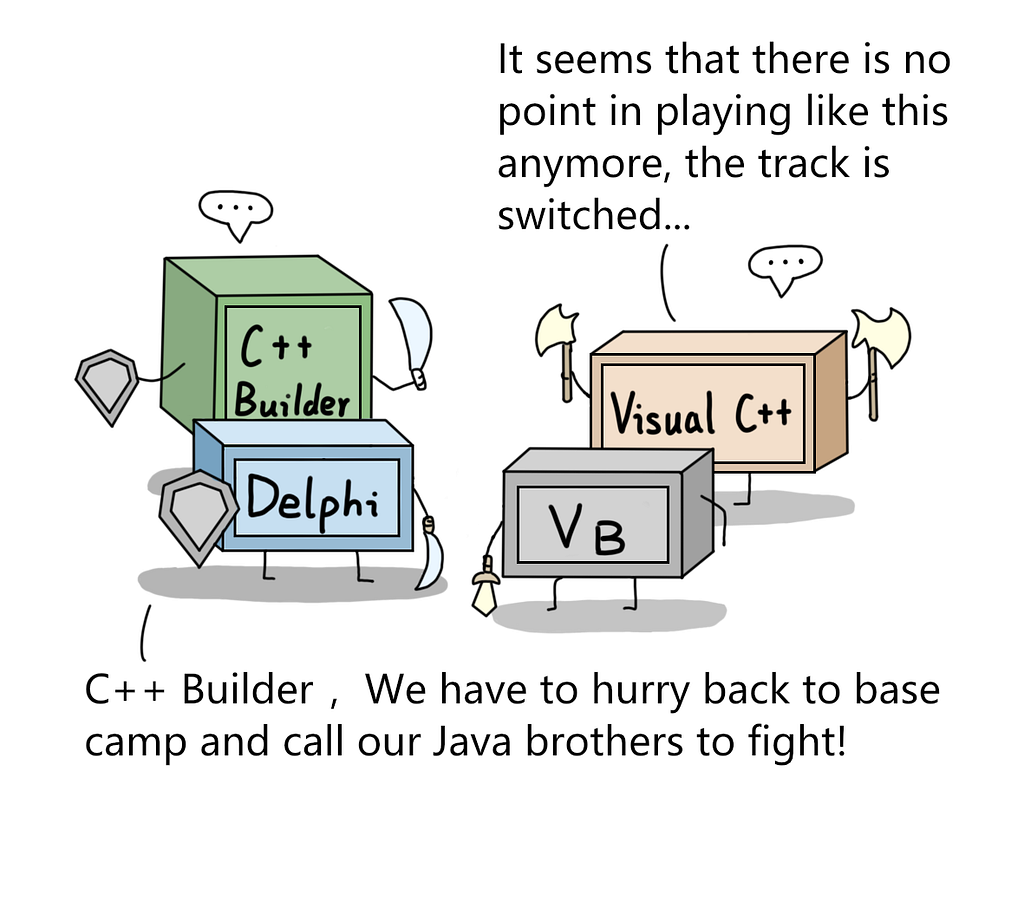 C++ builder, Delphi, Visual C++, and VB put down their weapons.
 Visual C++ — there’s no point playing like this.
 Delphi — C++ builder, we have to hurry back to base camp and call our Java brothers to fight!
