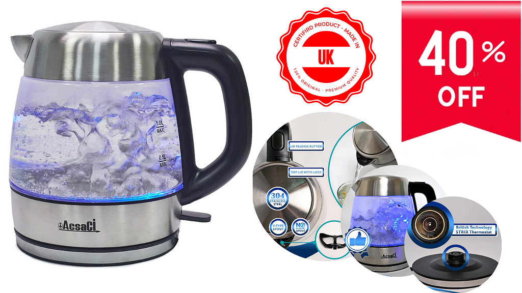 AddAcsaCi Premium Glass Kettle — 1.0 Litre Kettle Fast Boil Kettle 3000W — Illuminating Glass Kettle with LED Lighting Blue — Stainless Steel 1.0 Litre