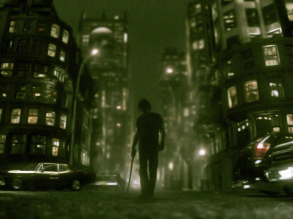 The silhouette of a young man is seen approaching the viewer. He’s holding a katana. A greenish city surrounds him.