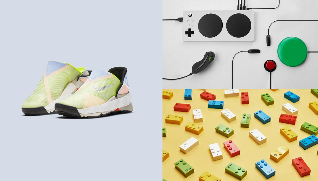 A grouped image of Nike Go FlyEase, Microdoft Xbox Adaptive Controller, LEGO Braille Bricks