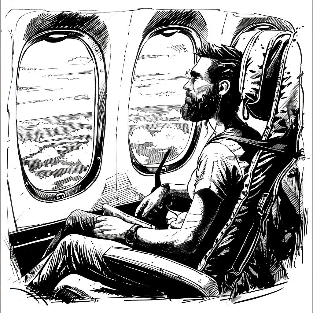 An illustration of a designer in airplane flying for a work conference
