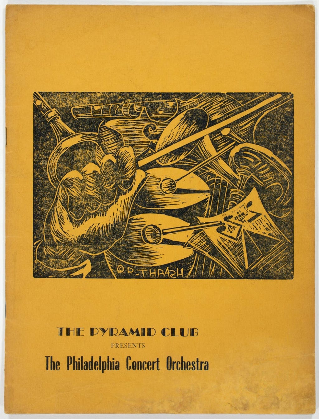 A print done by Dox Thrash for a concert at the Pyramid Club showing horns and drums