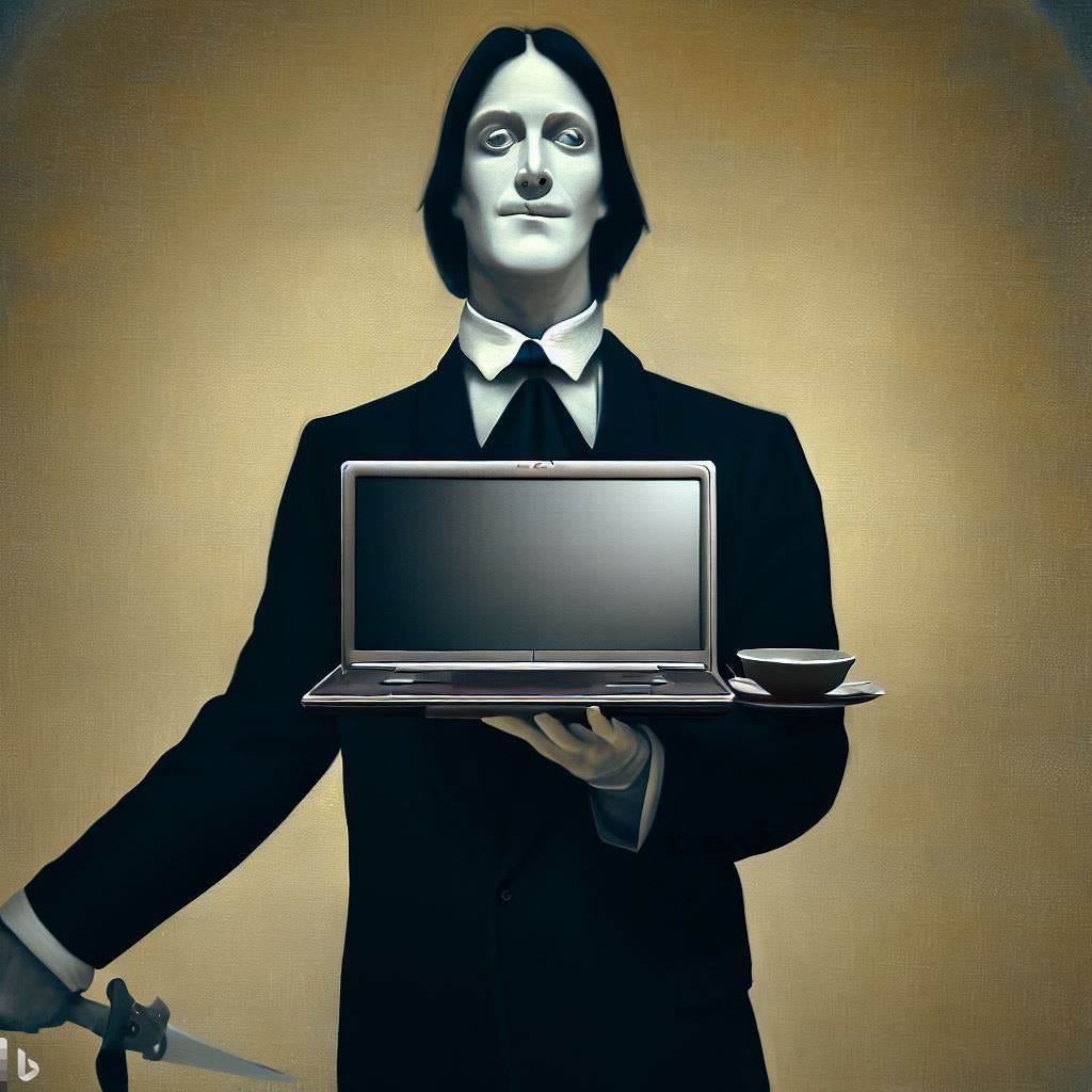 Renaissance painting of a butler offering you a sleek, modern laptop.