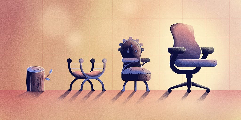 Editorial illustration of the evolution of chairs. The chairs are shades of purple and the background is yellow. The first chair is a tree stump. The second chair is a curule chair. The third chair is a centripetal chair. The fourth chair is a modern office chair.