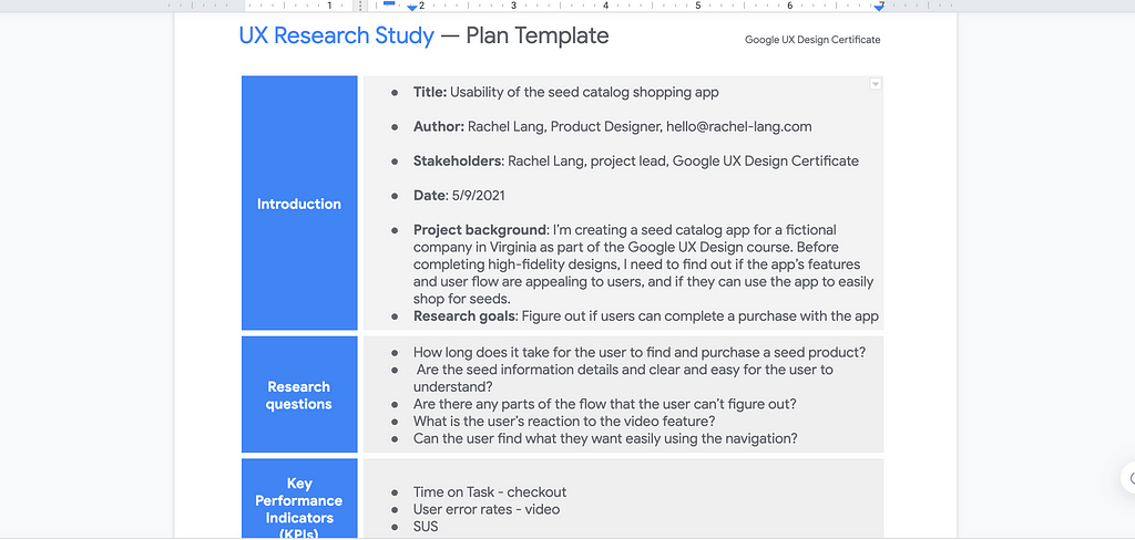 Screenshot of a Google doc research study plan