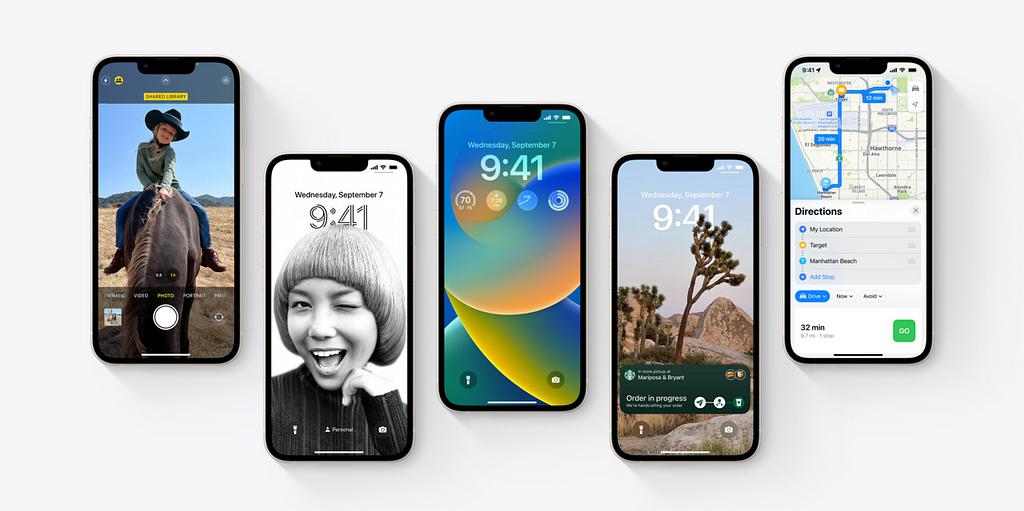 5 iPhones demonstrating (from left to right) the shared library feature in camera, new Lock Screen, Lock Screen widgets, stacked notifications and multi-stop in maps.