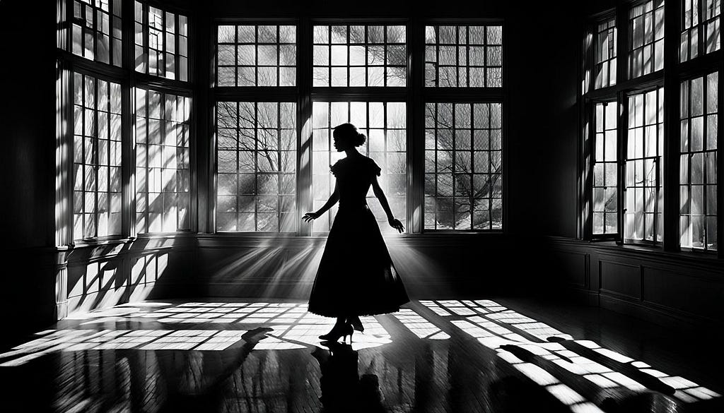 Girl silhouetted by light from windows