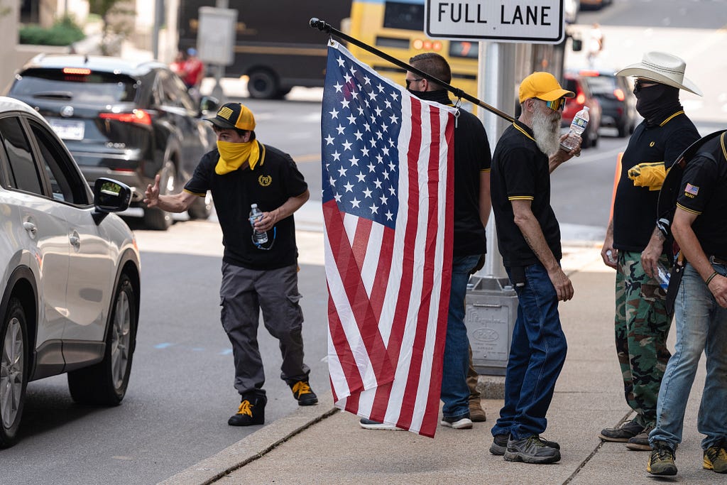 Members of the Proud Boys gather near the Tennessee State Capitol ahead of a special session on public safety in Nashville, Tennessee, August 21, 2023. Photo by Cheney Orr/Reuters