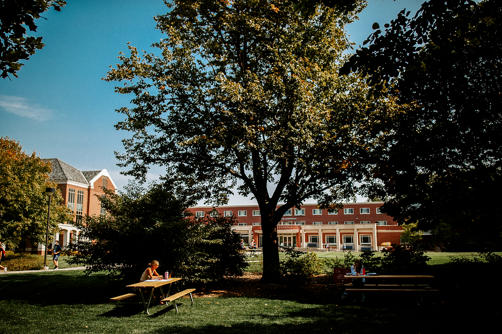 A student sits under a tree at a picnic table in the greenspace outside the Nebraska Union