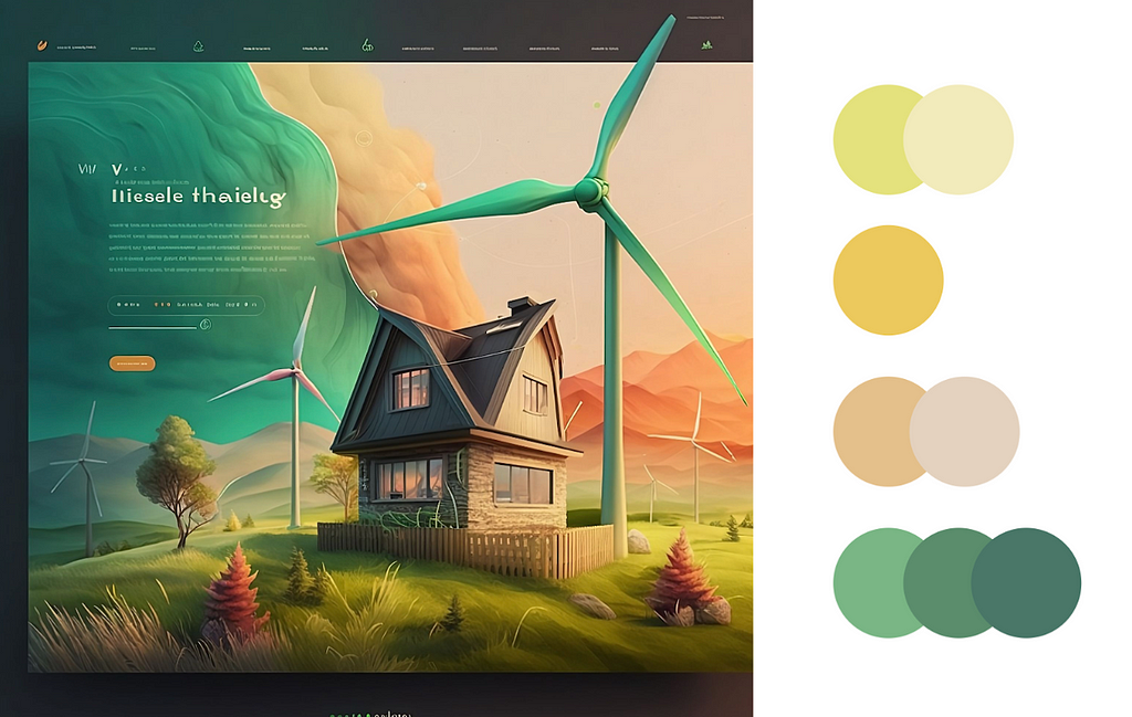 Image of an AI generated landing page for clean energy provider and the colour palette extracted from it