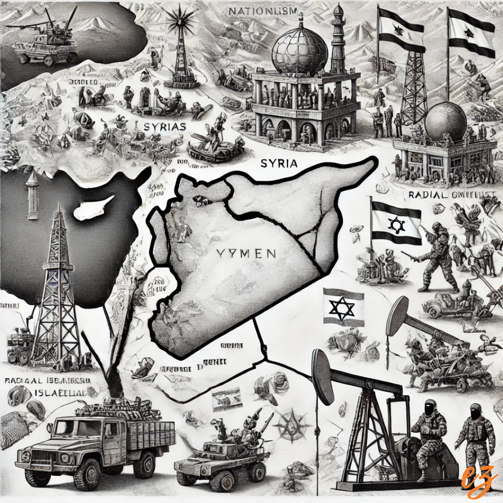 A detailed black and white pencil sketch depicting the complex geopolitical landscape of the Middle East. The sketch includes maps with arbitrary borders, oil rigs, symbols of nationalism and radical Islamism, and references to ongoing conflicts in Syria and Yemen, the Israeli-Palestinian issue, and historical colonial interventions.