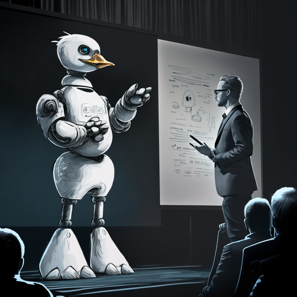 A Robot Duck in a suit presenting this topic “An AI revolution for businesses and the customer experience”. The robot duck is standing in front of a business person with other people behind the person. On the screen behind the robot duck are blury digitised drawings on a white board.