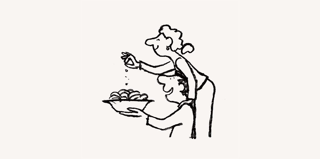 A joyful hand-drawn illustration, by Ryan Gillet, of a couple seasoning their food.