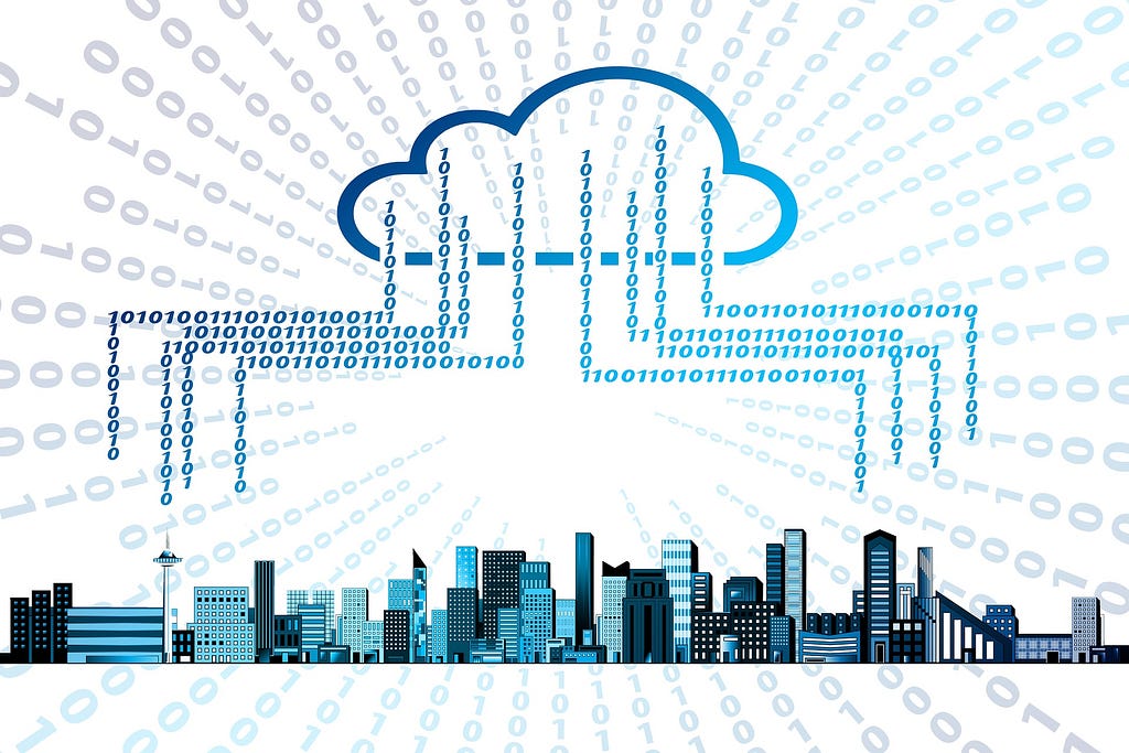 Representação de uma nuvem em cima de uma cidade com fluxo de comunicação em código binário entre a cidade e a nuvem.