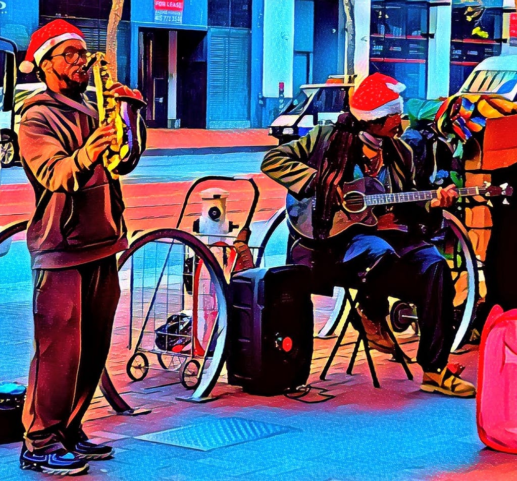 Sidewalk performers on Market Street by 5th Street, San Francisco, Dec 24, 2020.