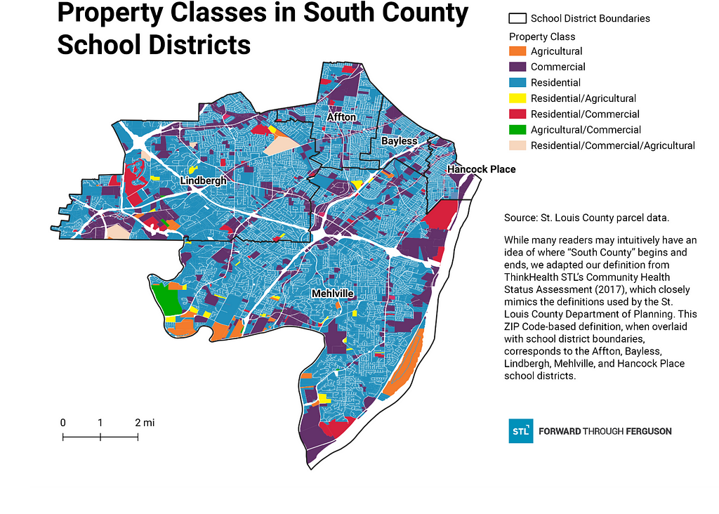 While many readers may intuitively have an idea of where “South County” begins and ends, we adapted our definition from ThinkHealth STL’s Community Health Status Assessment (2017), which closely mimics the definitions used by the St. Louis County Department of Planning. This Zip Code-based definition, when overlaid with school districts boundaries, corresponds to the Affton, Bayless, Lindbergh, Mehlville and Hancock Place school districts.