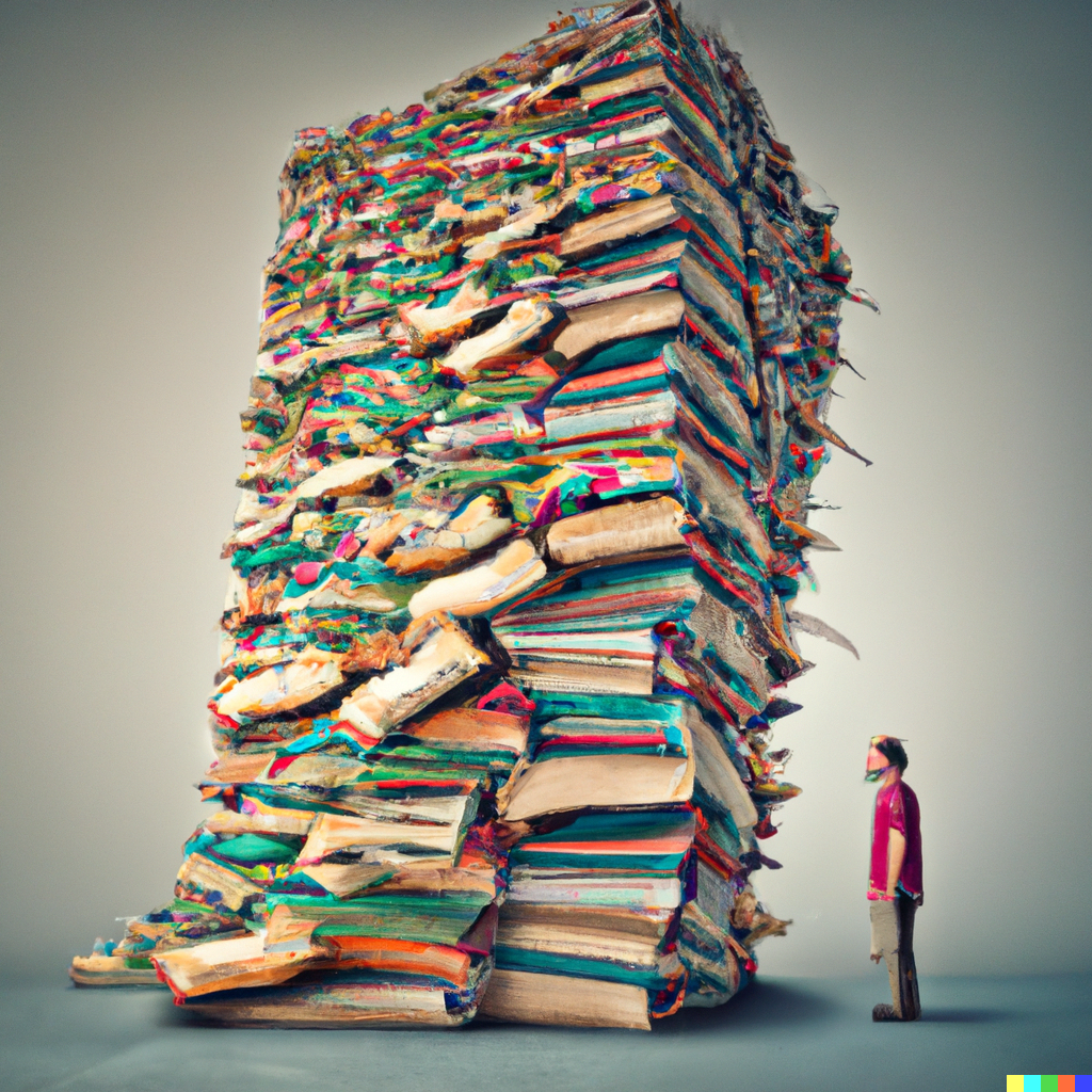 Person facing a massive pile of books