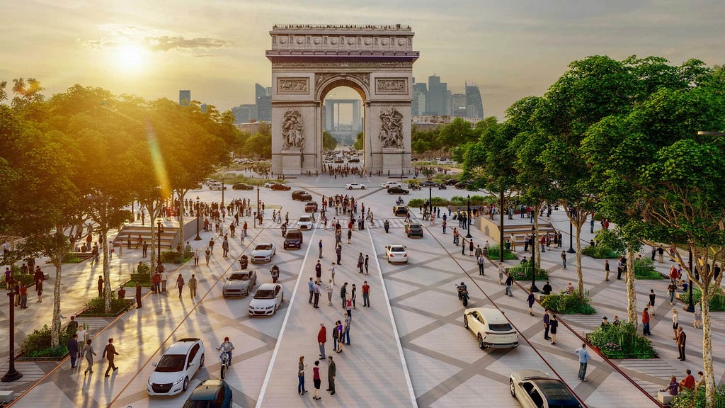 A rendered images of the Arc de Triomphe and the start of the Champs-Elysees, featuring a renovated road with grey-white pavement and criss-cross patterns