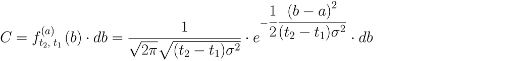 C = f_{t_2, \; t_1}^{(a)}\left( b \right) \cdot db = \dfrac{1}{\sqrt{2\pi}\sqrt{(t_2 — t_1)\sigma²}} \cdot e^{-\dfrac{1}{2}\dfrac{{\left( b-a \right)}²}{(t_2 — t_1)\sigma²}} \cdot db