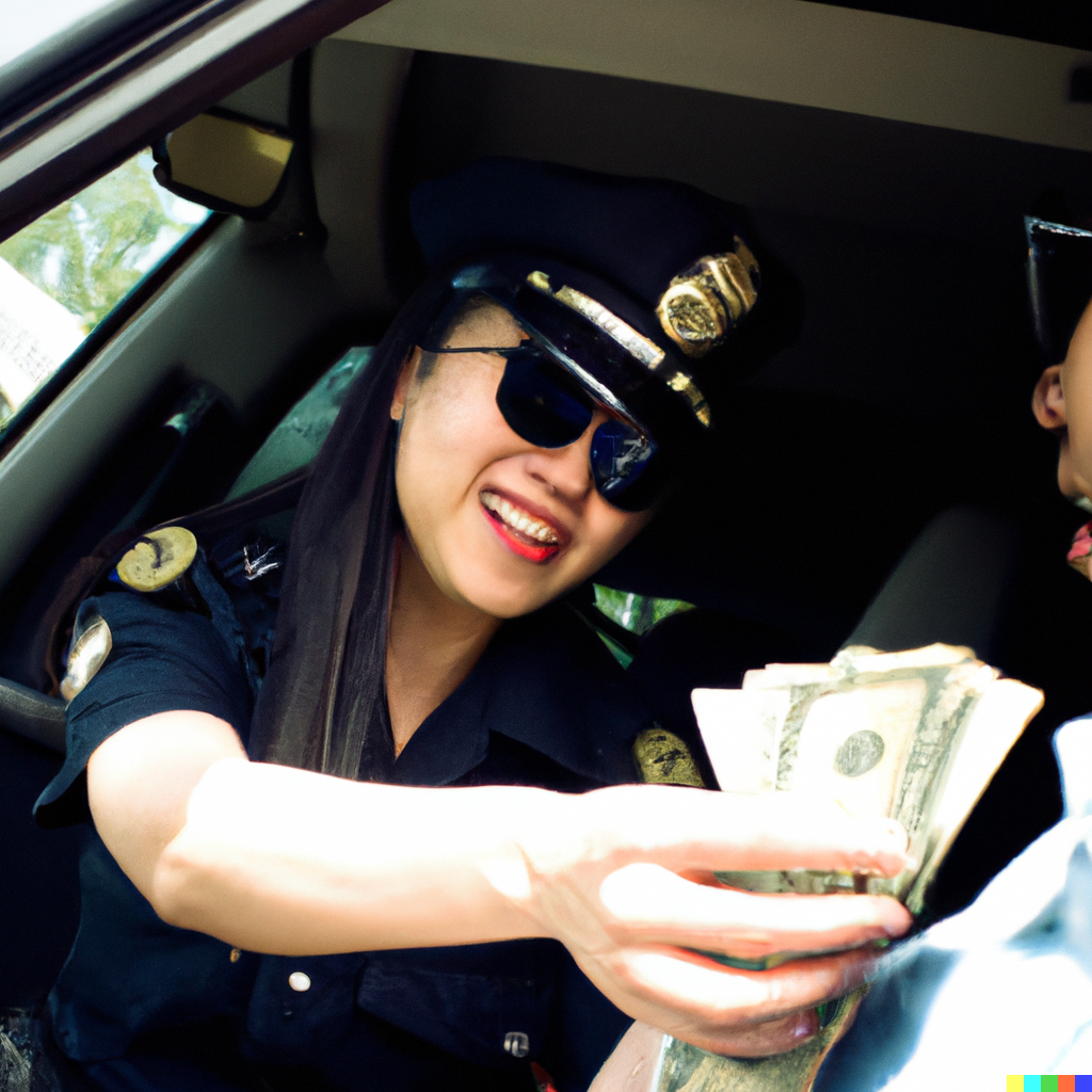 “a realistic image of a police officer taking money from a driver.”