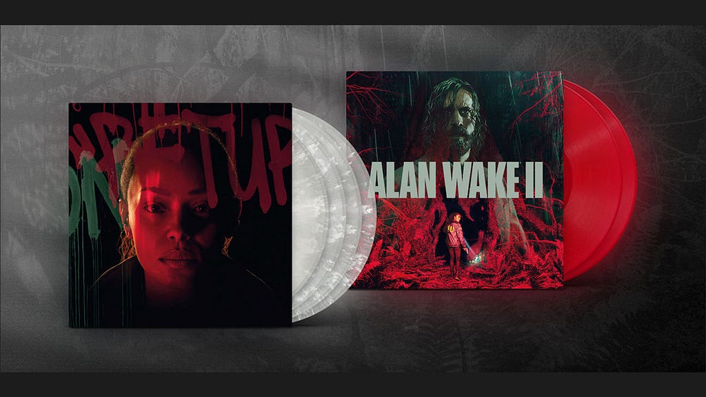 Vinyl records from Alan Wake 2, featuring atmospheric artwork and design that reflect the game’s dark, psychological horror themes.