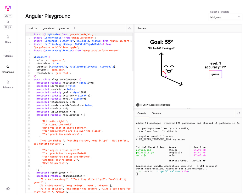 Screenshot of an Angle game written in the Angular playground: angular.dev/playground