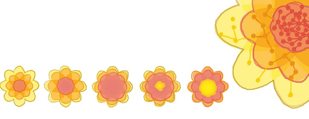 A horizontal progression of 5 stylised flowers, each with layered petals in yellow, orange, and red centres. From left to right, the flowers gradually change in size and the proportion of coloured layers shifts. On the far right, a larger flower shows interconnected dots in the centre, suggesting a network or system of relationships. This series visually represents growth, transformation, or a continuous onward evolution as new petals continue to emerge and grow from the centre outwards.