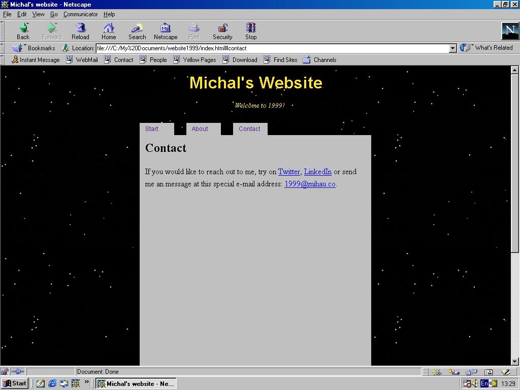 Screenshot of 1999 webpage with contact tab open on Netscape Navigator v4.51