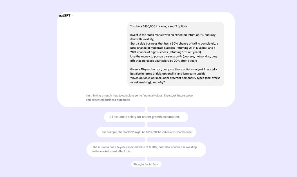 Layered interface of ChatGPT’s thinking UI showing overlapping panels, text fragments, and controls that visualize intermediate reasoning steps and system activity.