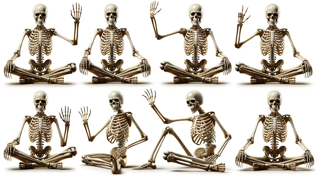 Photo-realistic horizontal snapshot sheet where a highly detailed skeleton character with identical features is showcased in different activities. The skeleton is seen waving, sitting cross-legged, lying down, and stretching. Each snapshot captures the intricate bones and structures of the skeleton in its activity while ensuring the skeleton’s features and appearance remain consistent and realistic across the sheet.