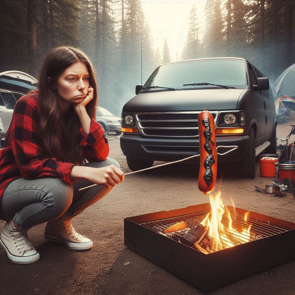 a minivan camper with a woman who needs to cook a hot dog on a camping stove