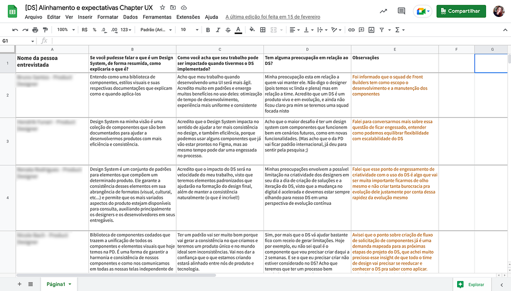 Print de uma tabela com as informações coletadas com o time de UX em colunas que separam as perguntas feitas das respostas obtidas