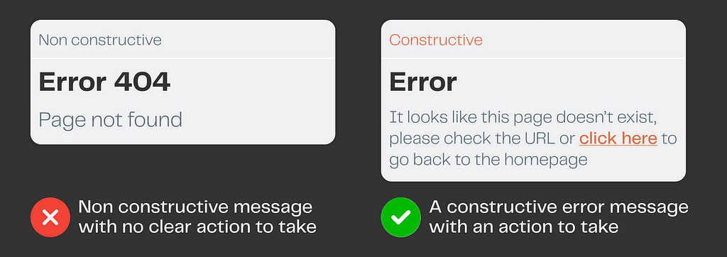 Examples of Error message with constructive and non constructive copy