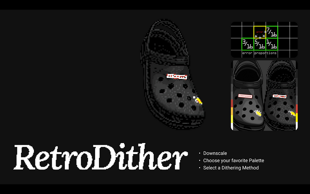 Pixelized 3D rendering of Croc shoes with diagrams explaining how dithering works.